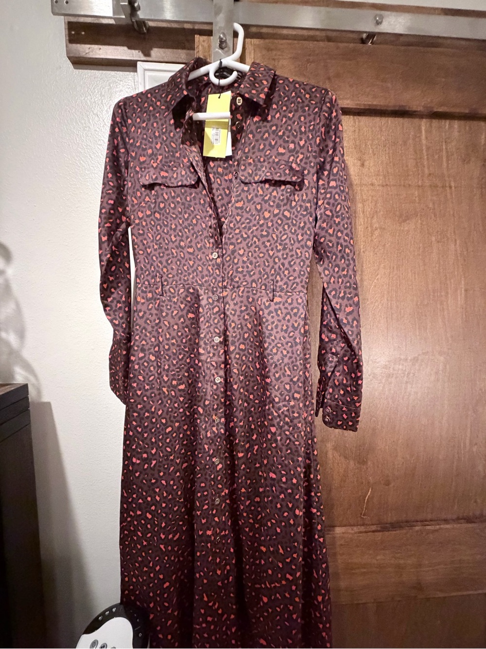 Karen Millen Black Long Sleeve Shirt Dress with Red Leopard Print